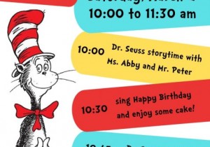 dr-seuss-party-johnson-creek-library Flyer for Dr. Seuss party with a Cat in the Hat image