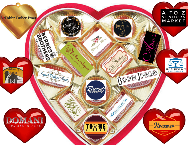 Graphic of business logos in a Valentine Chocolate Box