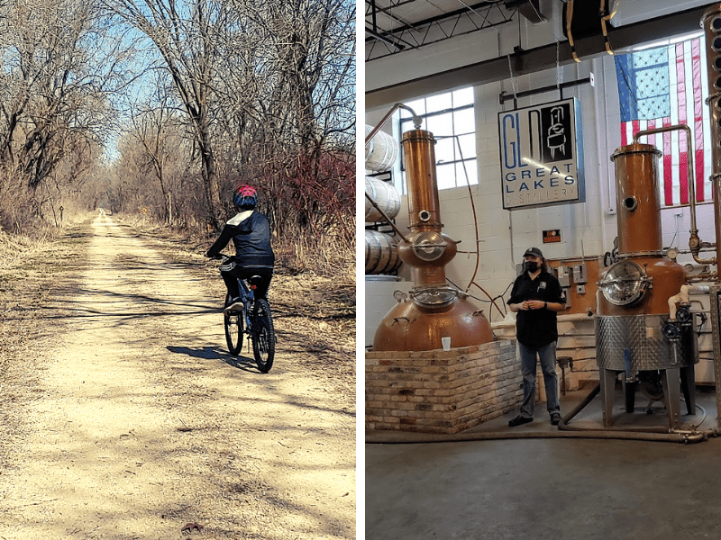 Boy riding a bike and a tour guide at a distillery