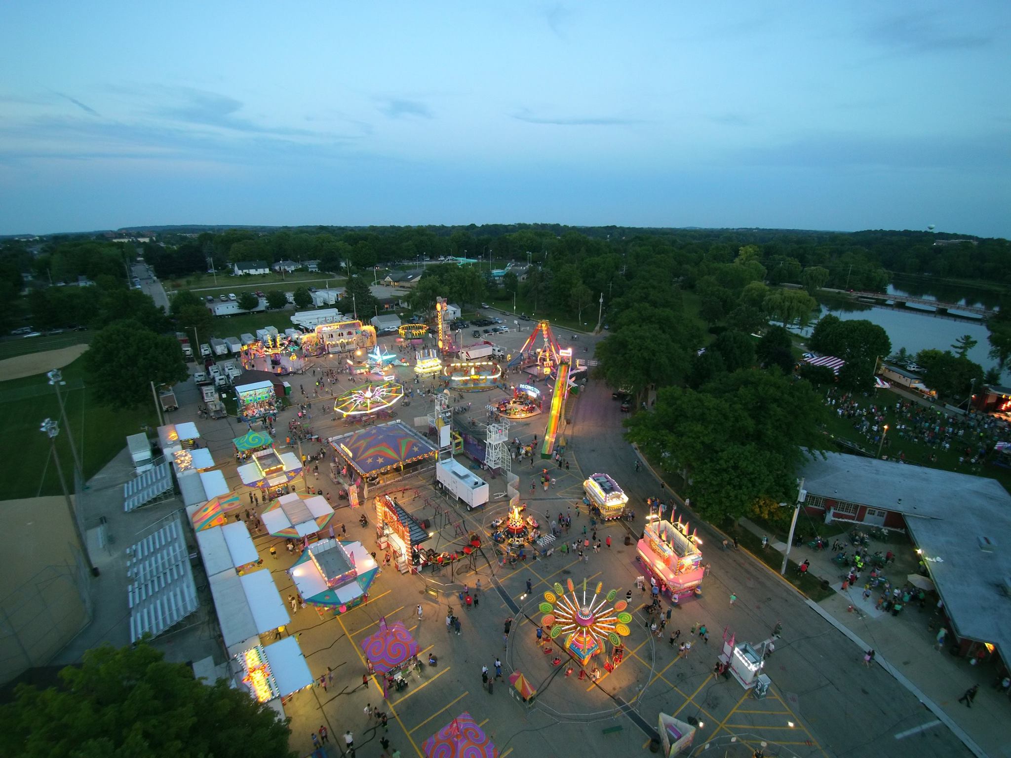 Aerial view of rides at Watertown Riverfest