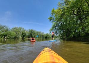 Kayaks and a paddle board on the Rock River in Watertown