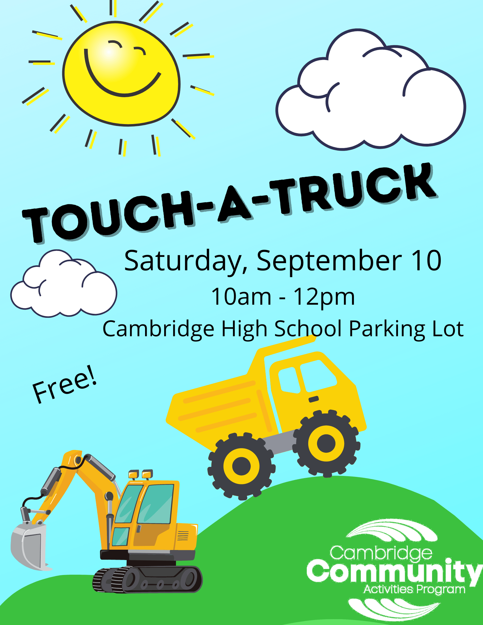 Touch A Truck poster in blue with sun and clouds above dump truck & dozer