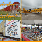 Collage of photos - plane, disc golf basket, Mullen's Dairy Bar exterior, farmers market booth