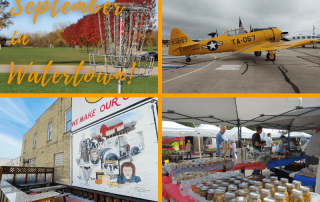 Collage of photos - plane, disc golf basket, Mullen's Dairy Bar exterior, farmers market booth